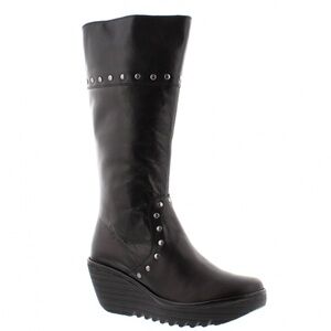 New Fly London Women’s Yota Calf-High Studded Boots Rare Find Black US 8-8.5